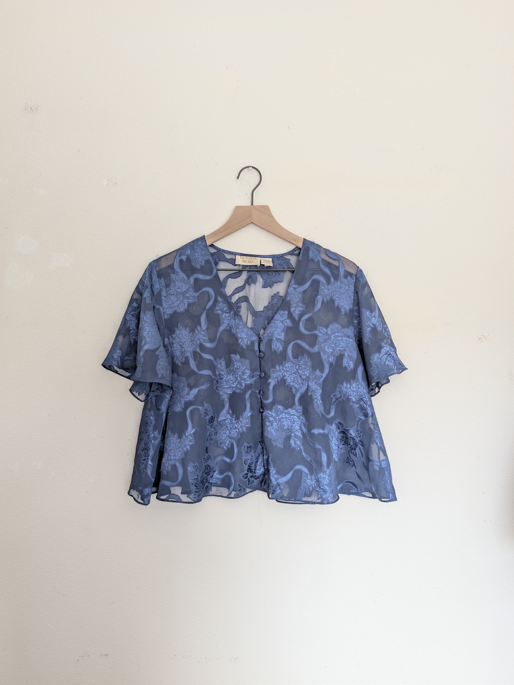 Vintage Victoria Secret Gold Lightweight Blue Floral V-Neck Button Front Blouse